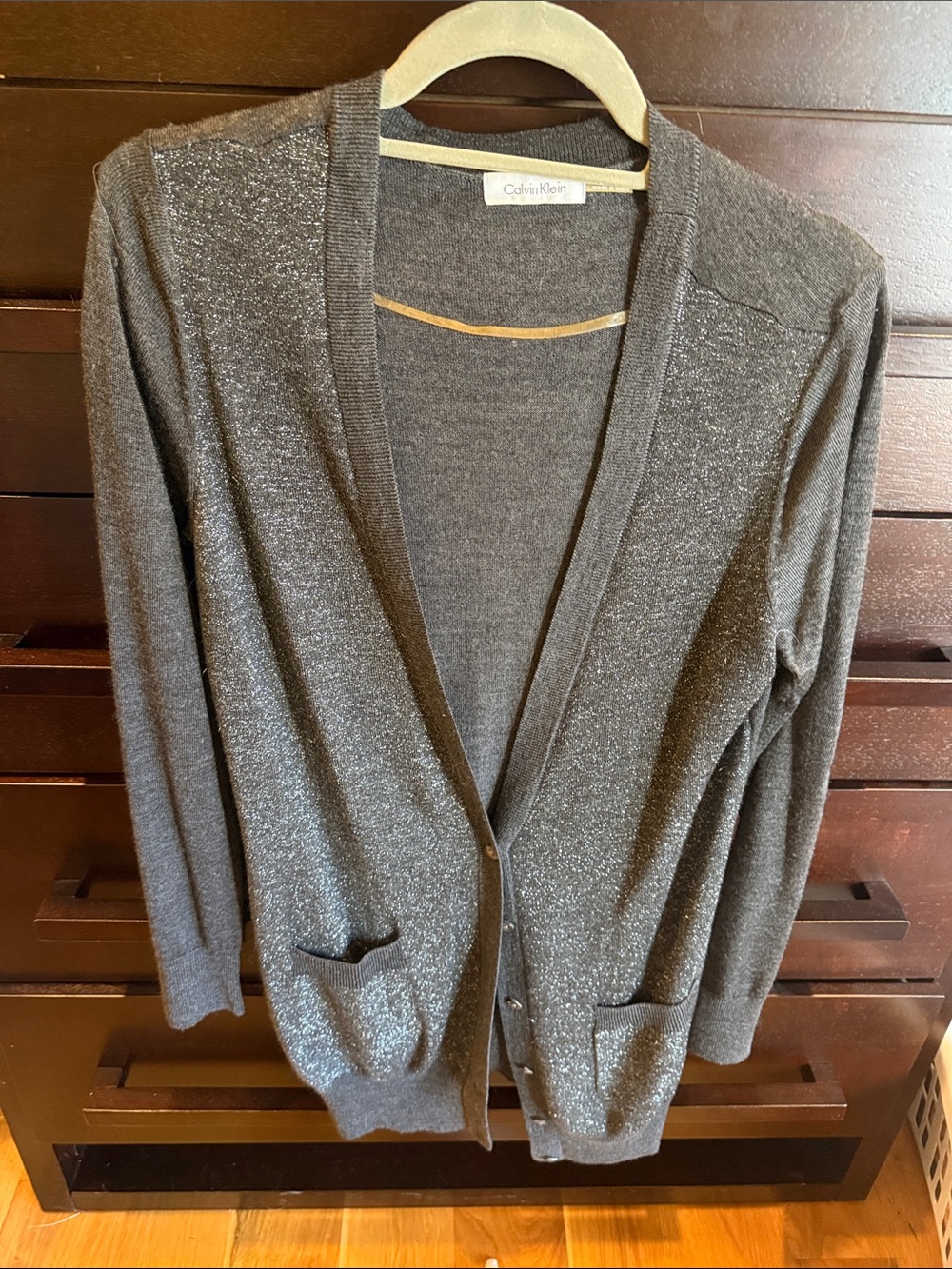 Calvin Klein Metallic Gray V-Neck Button Cardigan medium